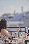 Travel blog woman hotel paris working on vacation laptop smart phone communication on social media