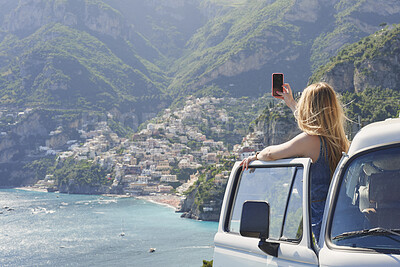 Buy stock photo Back, photograph and road trip with phone of woman outdoor for memories or sightseeing. Mobile, picture and travel post with tourist person in car at coast for getaway, holiday or summer vacation