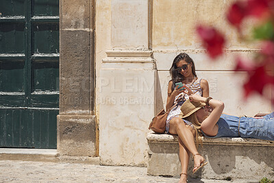 Buy stock photo Phone, vacation and travel with friends in town together for bonding, sightseeing or tourism. Break, digital tech and holiday with women outdoor for mobile map app, research or adventure for summer