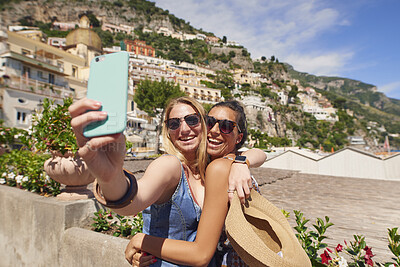 Buy stock photo Travel, selfie or friends in town with hug, bonding memory or sightseeing post on summer vacation. Happy, tourist or women outdoor with trip embrace, holiday picture or social media update in Italy.