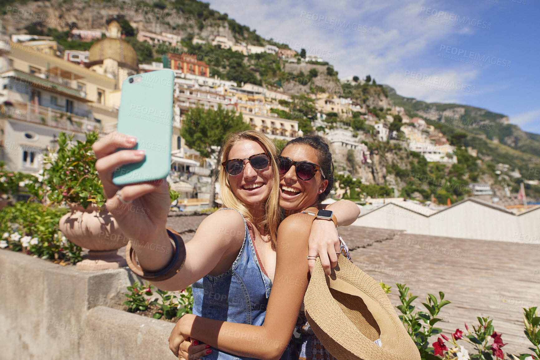 Buy stock photo Travel, selfie or friends in town with hug, bonding memory or sightseeing post on summer vacation. Happy, tourist or women outdoor with trip embrace, holiday picture or social media update in Italy.