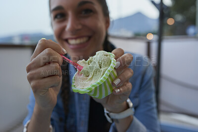 Buy stock photo Portrait, smile and woman with ice cream at cafe for craving, yogurt treat and delicious dessert. Happy, female person and satisfaction with frozen gelato, refreshing snack and sweet tooth at store