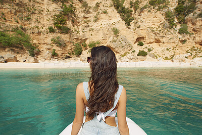 Buy stock photo Ocean, thinking and woman with boat for holiday, tropical adventure and planning for solo travel trip. Summer break, raft and person with decision for vacation, sea view and back in Thailand