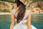 Beautiful woman on speed boat driving to paradise beach island discover summer adventure vacation