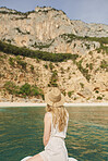 Beautiful woman on speed boat driving to paradise beach island discover summer adventure vacation