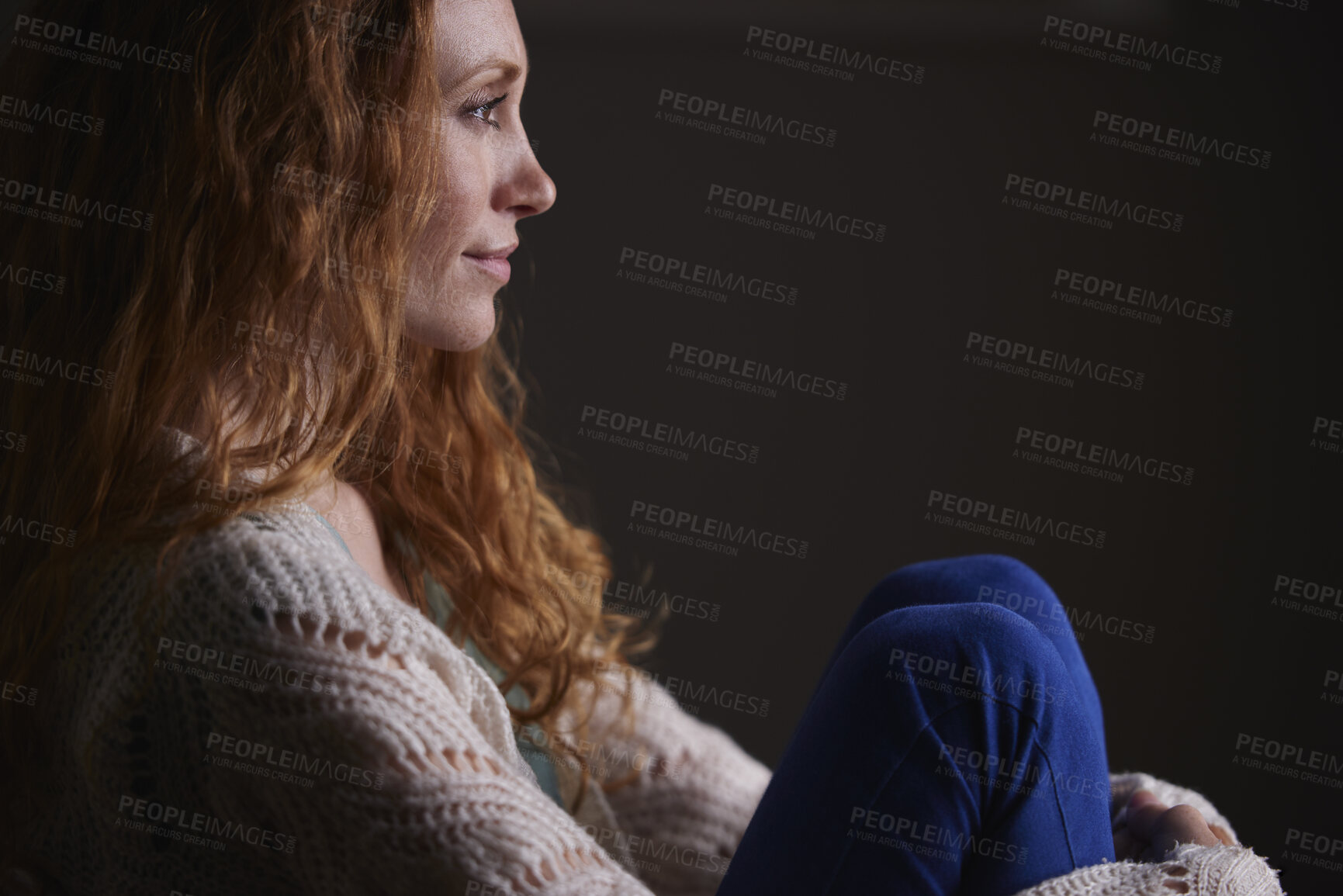 Buy stock photo Relax, space and thinking with woman in home for contemplation, reflection or vision. Break, future and happy with thoughtful person on dark background for daydreaming, inspiration or memories
