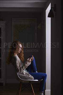 Buy stock photo Night, reading and woman with phone in house, browsing social media and connectivity for insomnia. Calm, ebook and person with mobile for evening texting, web chat and forum for message notification