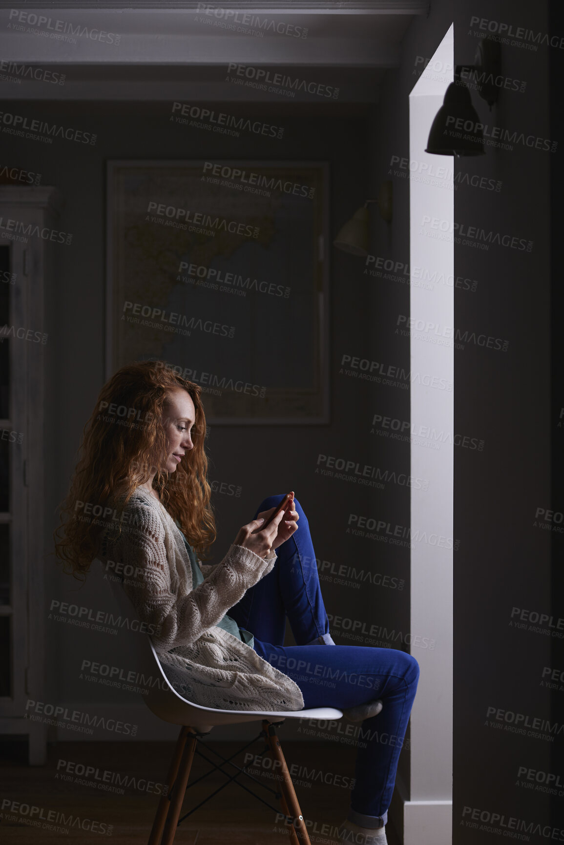 Buy stock photo Night, reading and woman with phone in house, browsing social media and connectivity for insomnia. Calm, ebook and person with mobile for evening texting, web chat and forum for message notification