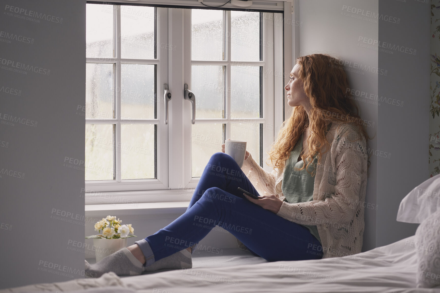 Buy stock photo Woman, thinking and relax with coffee or window for comfort, nostalgia or memory of outdoor weather. Calm, female person or chilling with mug or cup for morning beverage, drink or reflection in home