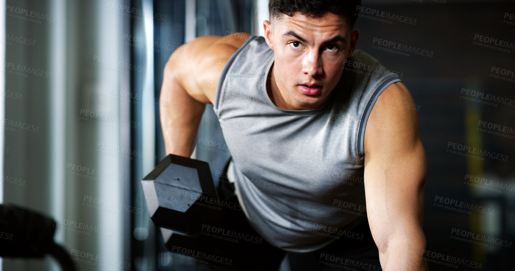 Buy stock photo Fitness, portrait or man in gym with dumbbell, weightlifting power or renegade row in bodybuilding. Exercise, serious or person with equipment, intense workout or strength in muscle development.