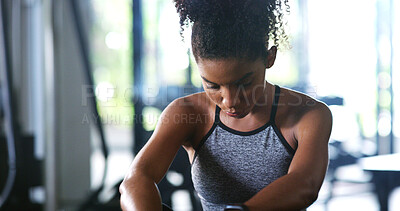 Buy stock photo Break, tired and woman in gym, sports and finish training with vision for fitness recovery. Exercise club, thinking and exhausted African person with fatigue, wellness and resting to cool down