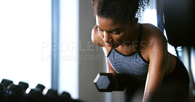 Buy stock photo Fitness, weight training or woman in gym with dumbbell, power or renegade row in bodybuilding. Exercise, sweat or African person with equipment, intense workout or strength in muscle transformation.