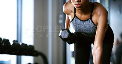Buy stock photo Fitness, weightlifting or woman in gym with dumbbell, power or renegade row in bodybuilding. Exercise, sweat or person with equipment, intense workout or strength training in muscle transformation.