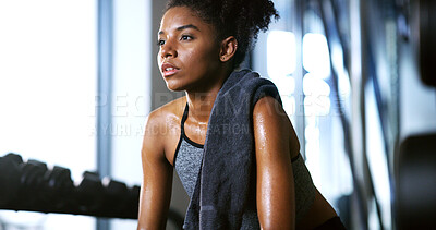 Buy stock photo Thinking, tired and woman in gym, exercise or finish training with health break for fitness recovery. Sports club, sweat and exhausted African bodybuilder with fatigue, wellness or rest to cool down