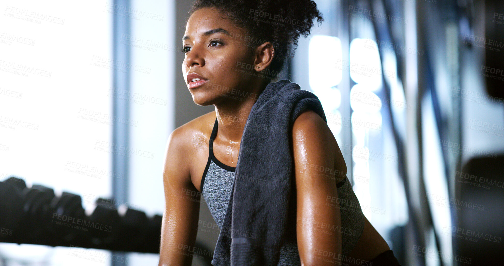 Buy stock photo Thinking, tired and woman in gym, exercise or finish training with health break for fitness recovery. Sports club, sweat and exhausted African bodybuilder with fatigue, wellness or rest to cool down