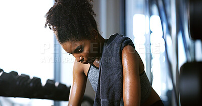 Buy stock photo Sweat, tired and woman in gym, exercise and finish training with health break for fitness recovery. Sports club, thinking and exhausted African bodybuilder with fatigue, wellness or rest to cool down