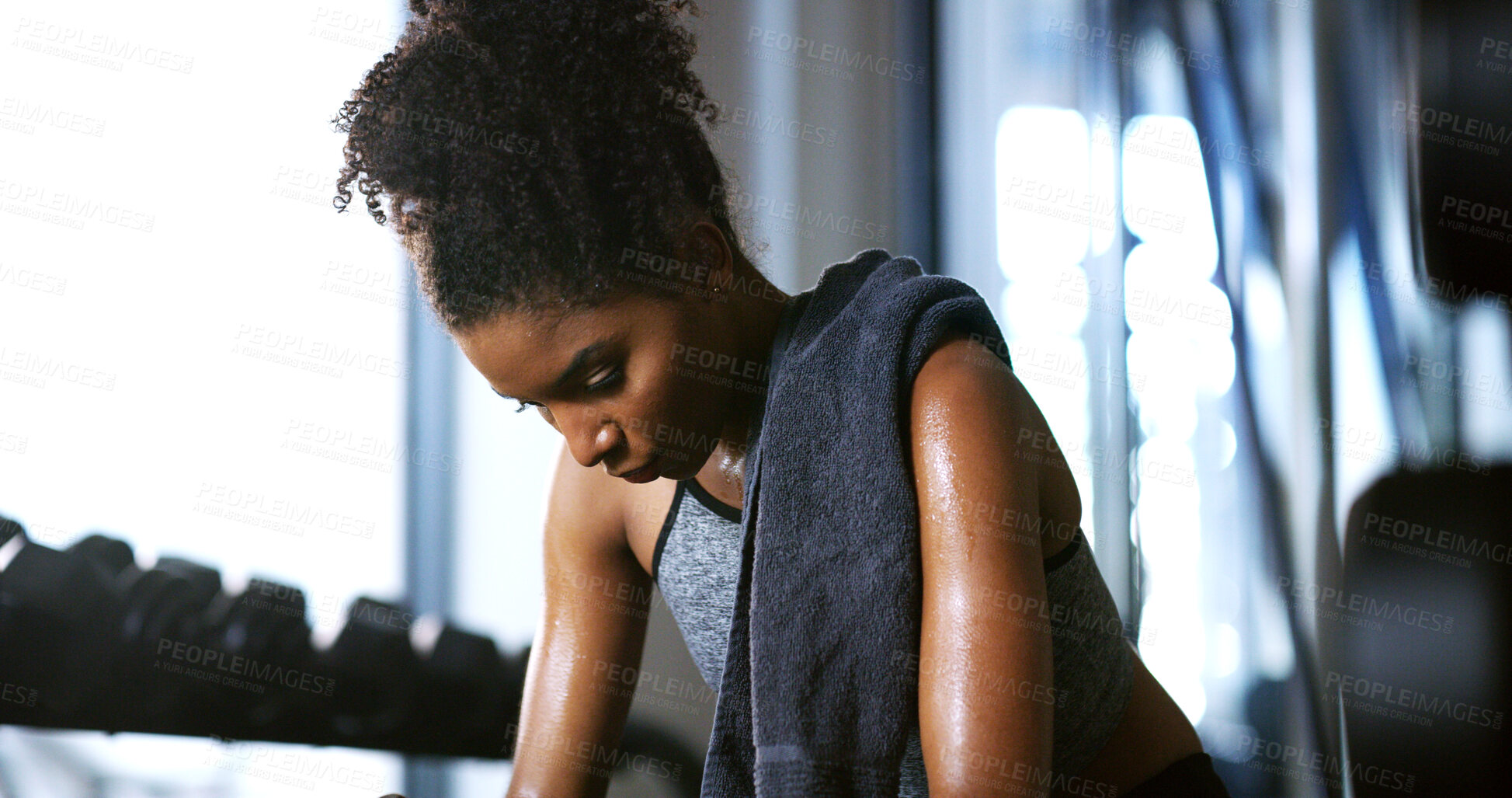 Buy stock photo Sweat, tired and woman in gym, exercise and finish training with health break for fitness recovery. Sports club, thinking and exhausted African bodybuilder with fatigue, wellness or rest to cool down
