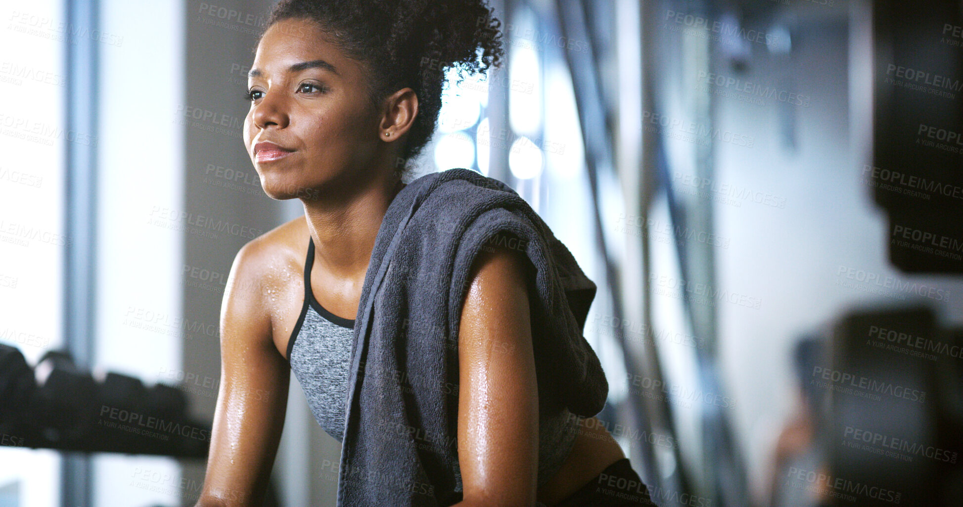 Buy stock photo Fitness, fatigue and woman in gym, thinking and rest with intense training recovery for wellness. Break, sweating and tired African person in exercise club to cool down, reflection and health