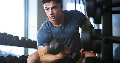 Buy stock photo Man, exercise and weightlifting with dumbbell in gym for muscle gain, fitness or indoor workout. Active, male person or lifting with weight or arm for bicep curl or strength training in health club