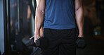 Fitness, person or arms with dumbbells in gym, bodybuilding or workout routine for muscle development. Training, commitment or athlete with equipment for strength challenge, exercise or weightlifting