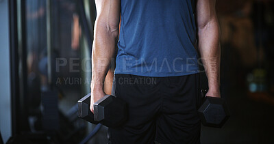 Buy stock photo Fitness, person or arms with dumbbells in gym, bodybuilding or workout routine for muscle development. Training, commitment or athlete with equipment for strength challenge, exercise or weightlifting