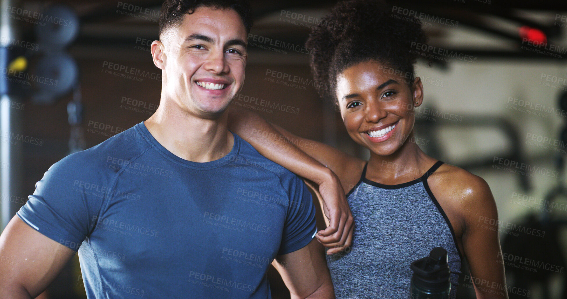 Buy stock photo Smile, portrait and people in gym for fitness break, wellness or recovery from body building exercise. Sweat, athlete and personal trainer in health club for muscle, training and happy for challenge