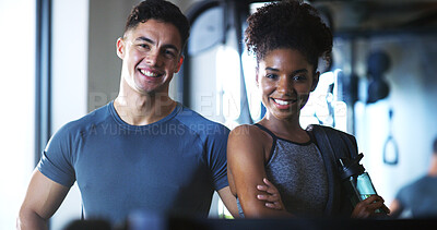 Buy stock photo Portrait, group and people in gym for fitness break, wellness or recovery from body building exercise. Smile, athlete and personal trainer in health club for muscle, training and happy for challenge