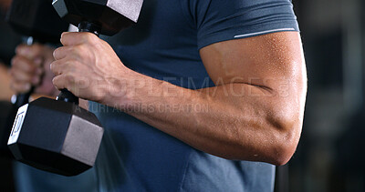 Buy stock photo Fitness, weightlifting or arms in gym with dumbbell, power or bicep training in bodybuilding. Exercise, sweating or man with equipment, intense workout or strength endurance in muscle transformation.