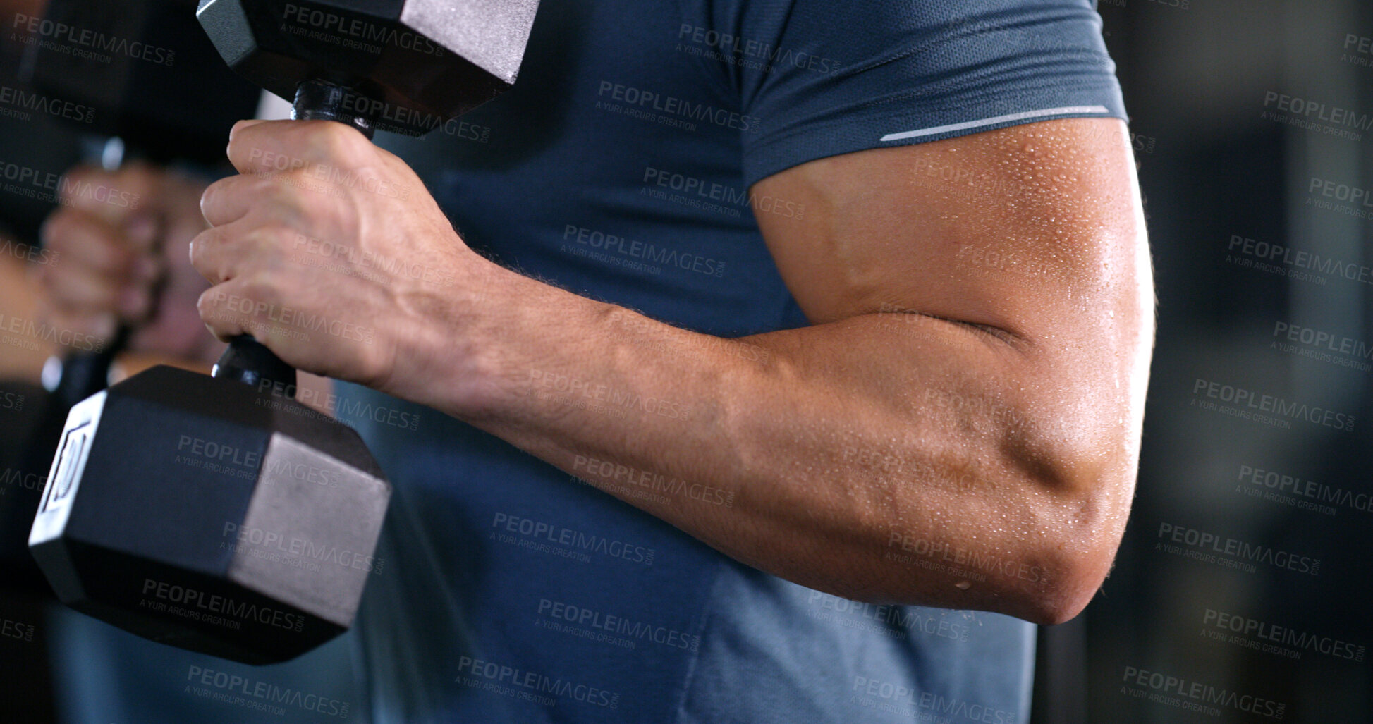 Buy stock photo Fitness, weightlifting or arms in gym with dumbbell, power or bicep training in bodybuilding. Exercise, sweating or man with equipment, intense workout or strength endurance in muscle transformation.