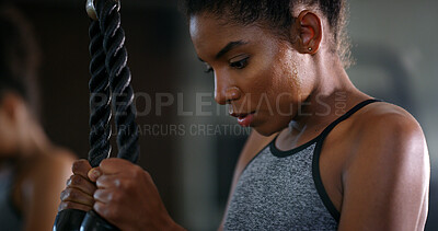 Buy stock photo Fitness, woman and rope machine in gym with workout, strength training and movement for wellness. African person, sweating and athlete in health club for bicep exercise, cable equipment and gear.