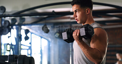 Buy stock photo Dumbbell, fitness and breathing with man in gym for strength training or workout routine. Intense, exercise and weightlifting with bodybuilder in health club for physical challenge or resilience