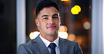 Business, night and portrait with man in office for career ambition, development or finance job. Bokeh, confidence and dark with corporate employee in financial workplace for wealth management