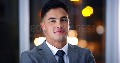 Buy stock photo Business, night and portrait with man in office for career ambition, development or finance job. Bokeh, confidence and dark with corporate employee in financial workplace for wealth management