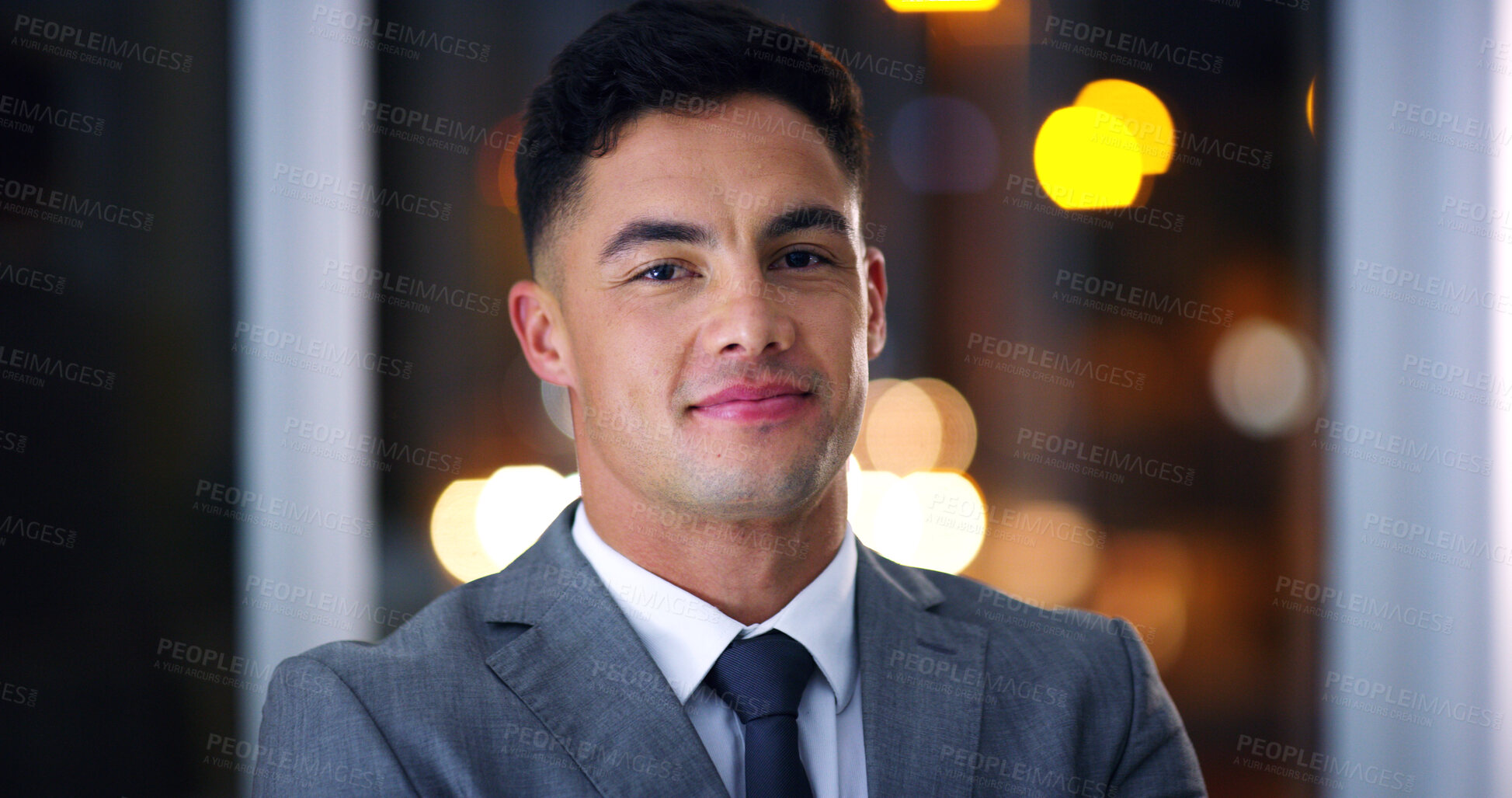Buy stock photo Business, night and portrait with man in office for career ambition, development or finance job. Bokeh, confidence and dark with corporate employee in financial workplace for wealth management