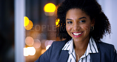 Buy stock photo Business, night and portrait with black woman in office for career ambition, development or finance job. Bokeh, dark and smile with corporate employee in financial workplace for wealth management