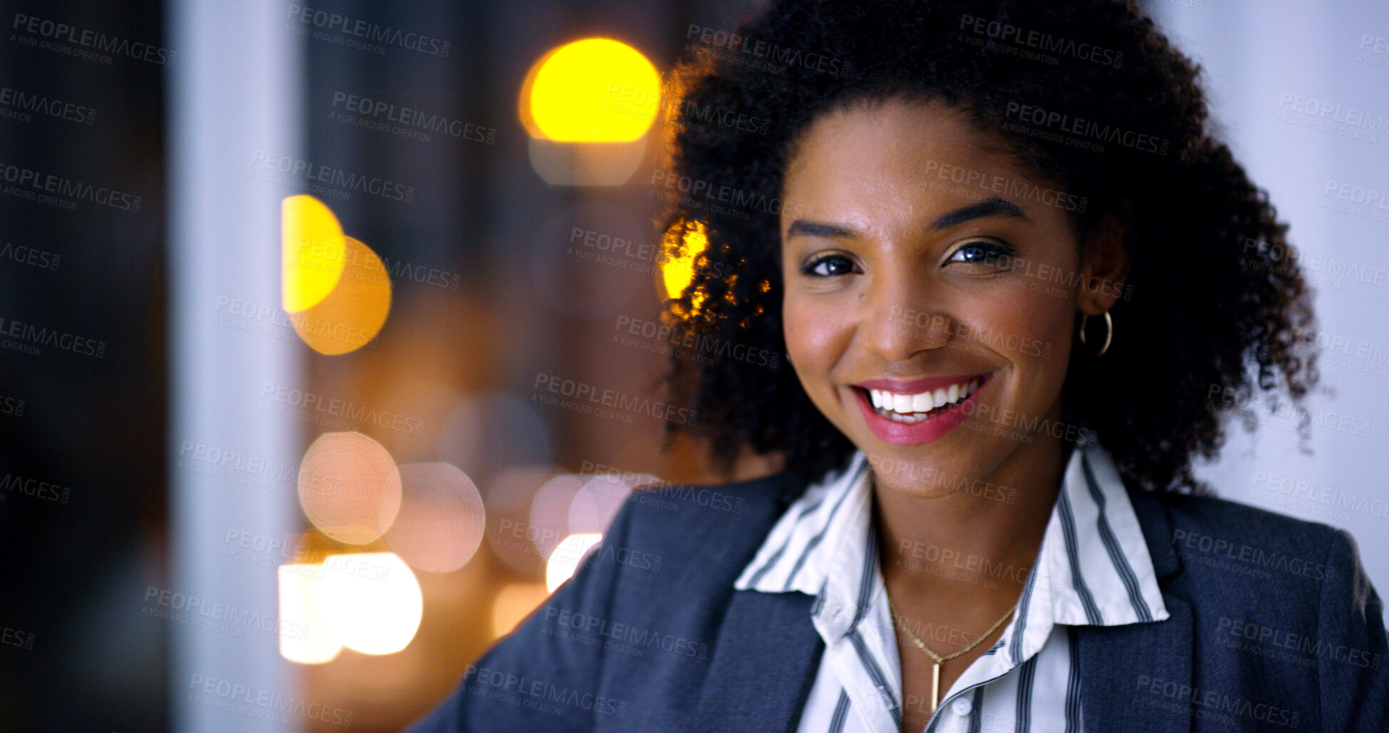 Buy stock photo Business, night and portrait with black woman in office for career ambition, development or finance job. Bokeh, dark and smile with corporate employee in financial workplace for wealth management