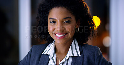 Buy stock photo Finance, night and portrait with black woman in office for business development, career ambition or job. Bokeh, late and smile with corporate employee in financial workplace for wealth management
