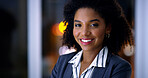 Business, dark and portrait with black woman in office for career ambition, development or finance job. Bokeh, night and smile with corporate employee in financial workplace for wealth management