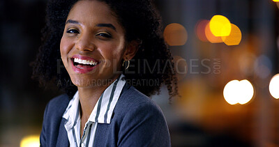 Buy stock photo Portrait, corporate and black woman in office at night for career pride, about us and lawyer. Female attorney, laugh or ambition with bokeh, legal representative and working late for case preparation