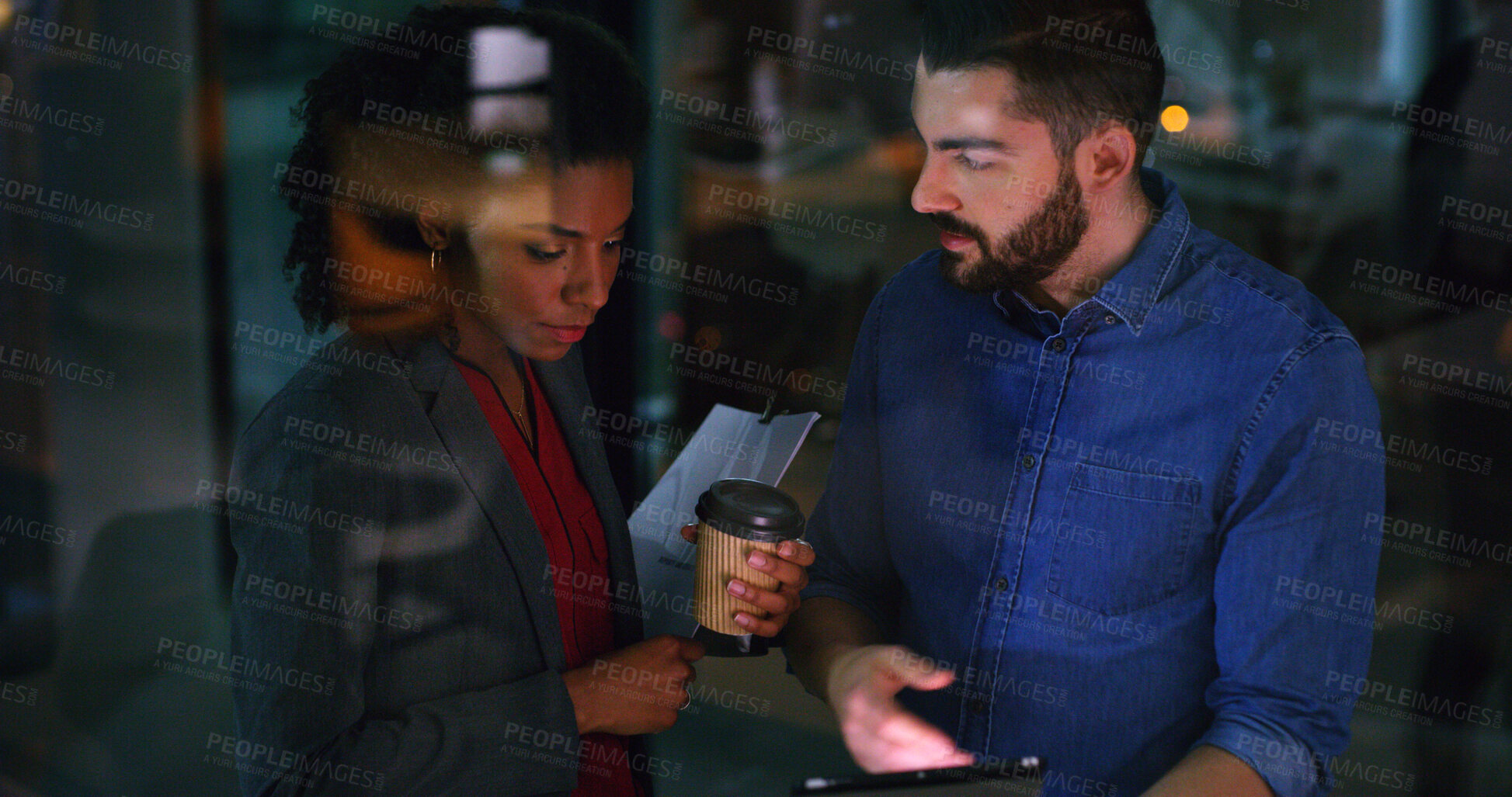 Buy stock photo Night, tablet and business people in office meeting, proposal and idea with financial insight. Feedback, tech and discussion with team, investment review or problem solving by window in evening