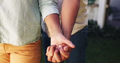 Buy stock photo Holding hands, love and tattoo with couple outdoor for empathy, connection and trust. Marriage commitment, kindness and loyalty with man and woman in backyard for solidarity, body art and compassion