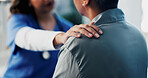 Hands, doctor and comfort person in office for checkup, bad news and empathy for cancer diagnosis. Healthcare worker, consoling or patient for emotional support, medical feedback and terminal illness