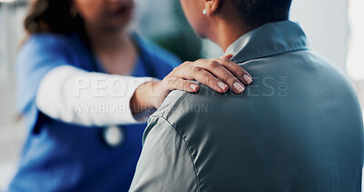 Buy stock photo Hands, doctor and comfort person in office for checkup, bad news and empathy for cancer diagnosis. Healthcare worker, consoling or patient for emotional support, medical feedback and terminal illness