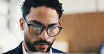 Man, confused and reading in office with laptop for guest list, review and schedule mistake. Event planner, reservation and person with tech for vendor management, issue or project for venue booking