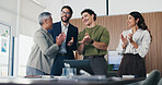 Office, team and business people in meeting with applause for good news, funding approval and success. Company, startup and happy workers clapping for profit increase, achievement and celebration