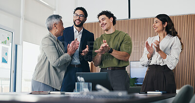 Buy stock photo Office, team and business people in meeting with applause for good news, funding approval and success. Company, startup and happy workers clapping for profit increase, achievement and celebration