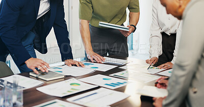 Buy stock photo Hands, team and documents at office meeting with graphs, review and tech for insight at finance company. Business people, group and paperwork with charts, stats and feedback at investment agency