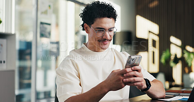Buy stock photo Reading, smile and man in office with phone, public relations and communication in creative agency. Admin, business person and update with consultant, tech and management for PR campaign planning