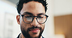 Happy, man and analyst with glasses in office for statistics, performance review or company analysis. Male person, accountant or smile with spectacles or reflection for data management in workplace