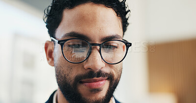 Buy stock photo Happy, man and analyst with glasses in office for statistics, performance review or company analysis. Male person, accountant or smile with spectacles or reflection for data management in workplace